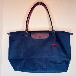 SOLD - Auth Longchamp 'Large 'Le Pliage Club' Nylon Tote Shoulder Bag, Navy&Red